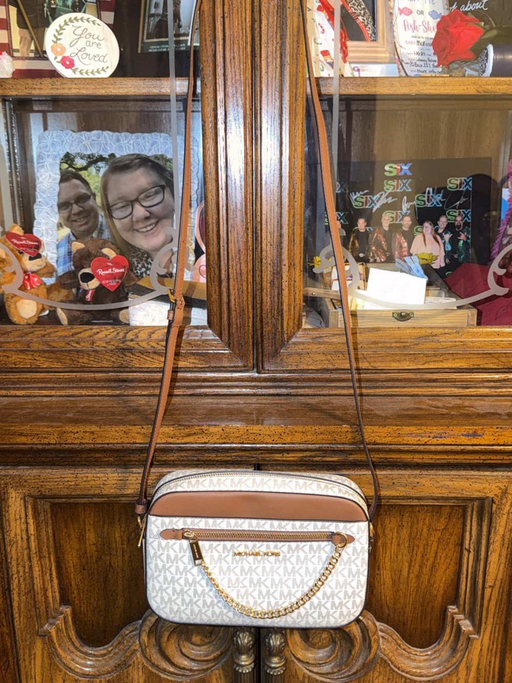 Michael Kors White/Light Brown Signature Crossbody Bag Carried Twice